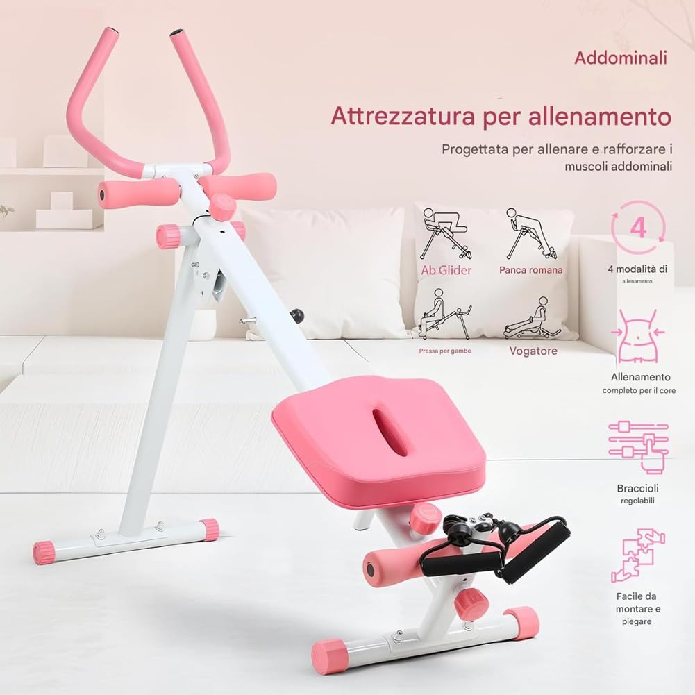 BAKAJI Ab Machine Attrezzatura per Fitness Multiuso Pieghevole con Chiusura Salvaspazio, Vogatore, Macchina per Addominali, Cruncher, Attrezzatura da Palestra in Casa per Home Gym