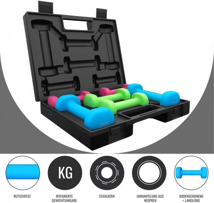 GORILLA SPORTS® Set di Manubri - 12 kg, Peso 2x1 kg, 2x2 kg, 2x3 kg, con Cassa 38 x 29,5 x 9 cm, Antiscivolo, in Ghisa e Neoprene - Pesi per Palestra, Esercizi, Fitness, Sollevamento, Casa