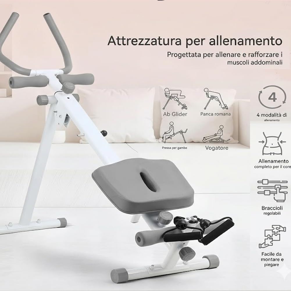 BAKAJI Ab Machine Attrezzatura per Fitness Multiuso Pieghevole con Chiusura Salvaspazio, Vogatore, Macchina per Addominali, Cruncher, Attrezzatura da Palestra in Casa per Home Gym