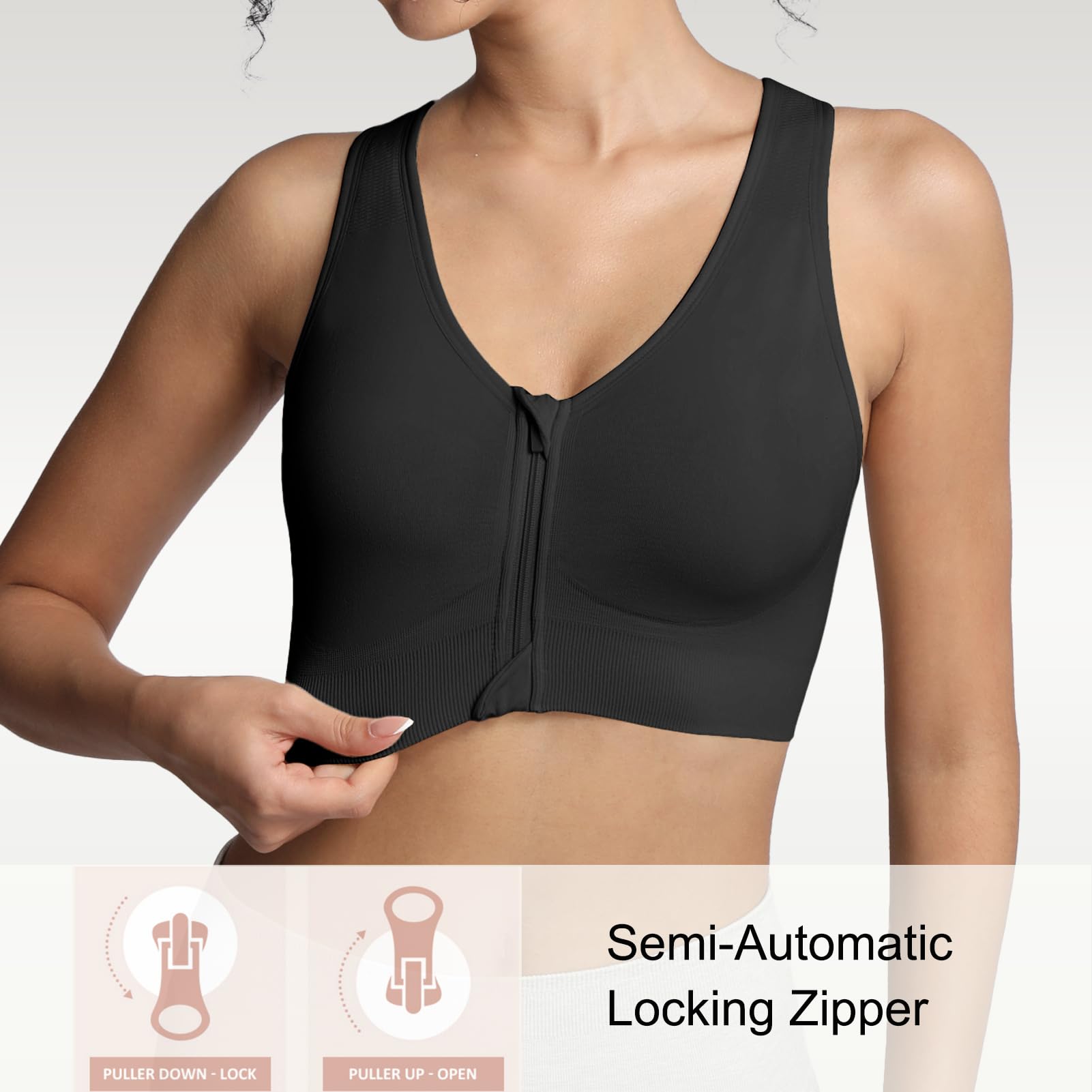 Lemef Soutiens-Gorge de Sport à Fermeture Éclair Avant pour Femmes Soutien-Gorge Post-Chirurgie sans Armature Fermeture Avant Dos Nageur Compression Mastectomie
