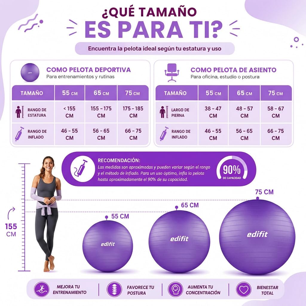 EDIFIT Palla Fitness, Pilates Attrezzi Casa, Incluso il Gonfiatore, Fitball, Yoga Accessori, Palla Gravidanza, Ginnastica Ritmica