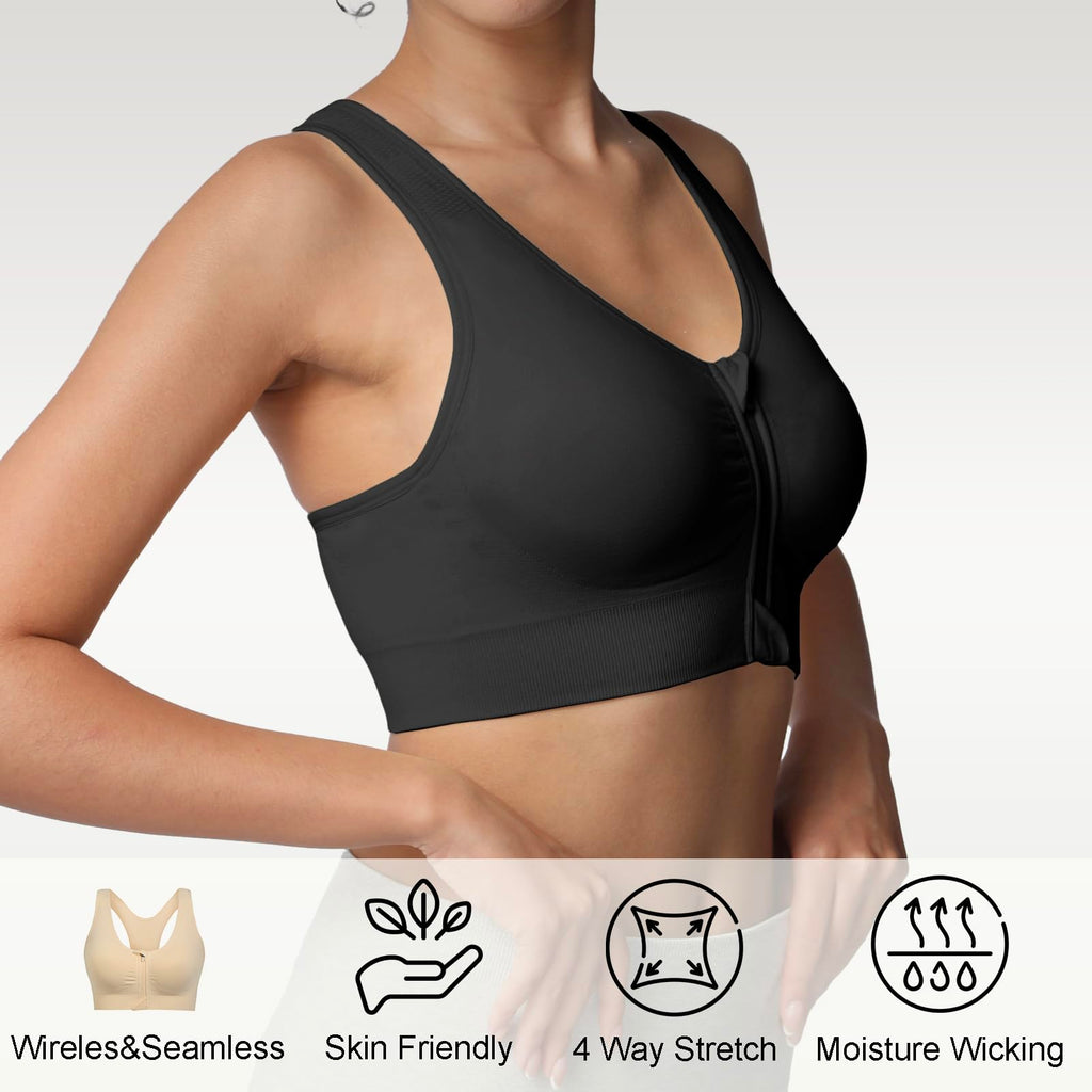 Lemef Soutiens-Gorge de Sport à Fermeture Éclair Avant pour Femmes Soutien-Gorge Post-Chirurgie sans Armature Fermeture Avant Dos Nageur Compression Mastectomie
