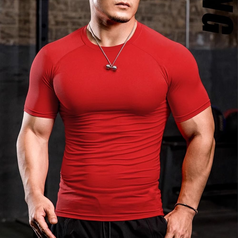 Muscle Alive Homme Maillot de Corps Slim Ajusté à Manches Courtes de Base de Compression de Musculation en Polyester et Spandex