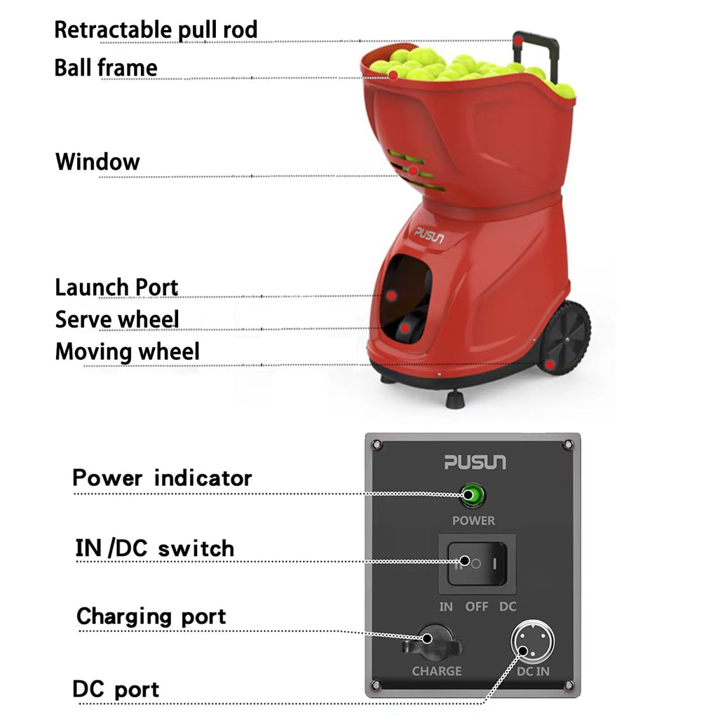 PT-9001 Pro - Machine à balles de tennis portable, automatique, pour l'entraînement et la pratique des joueurs de tous niveaux, préprogrammée et personnalisable, avec application/télécommande.