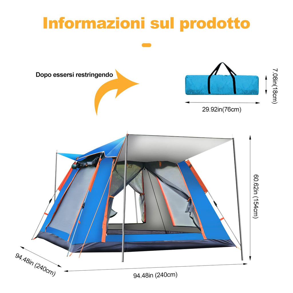Ergocar Tenda Campeggio Pop Up 3-4 Persone Ultra-Leggero Tenda Impermeabile Antivento a Cupola Leggera con Veranda per Campeggio Escursioni Arrampicata