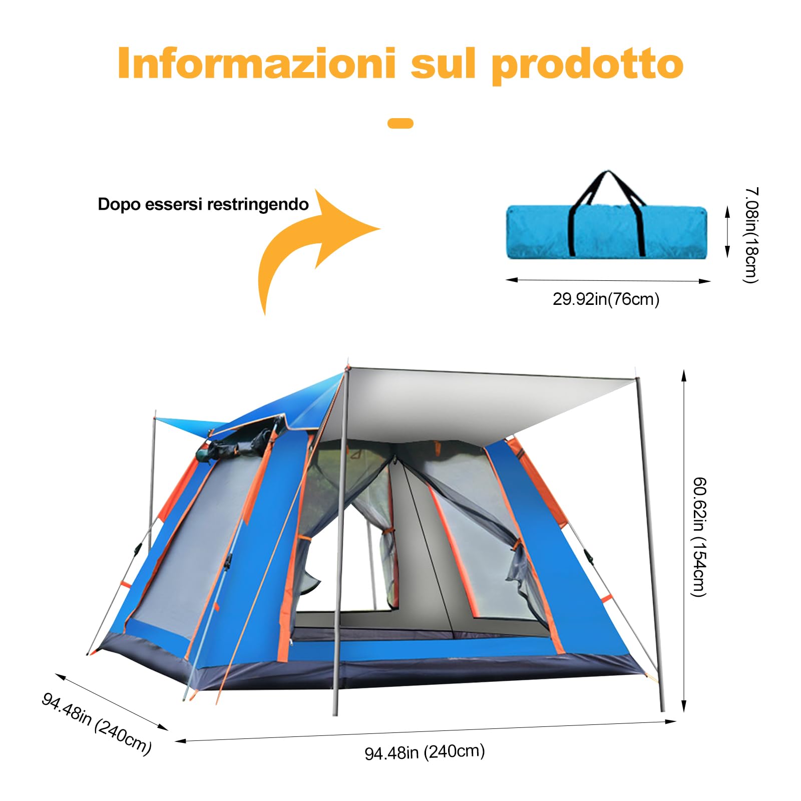 Ergocar Tenda Campeggio Pop Up 3-4 Persone Ultra-Leggero Tenda Impermeabile Antivento a Cupola Leggera con Veranda per Campeggio Escursioni Arrampicata
