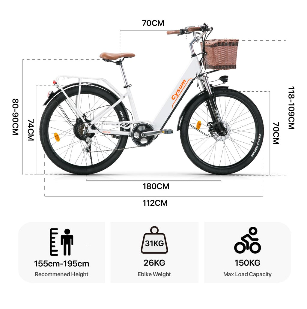 cysum cityrun bici elettrica donna, 26'' pedalata assistita Bicicletta Elettrica, City E-bike per adulti, 250W motore 25km/h, 36v 360WH batteria al litio, gamma 80KM, lcd dispaly