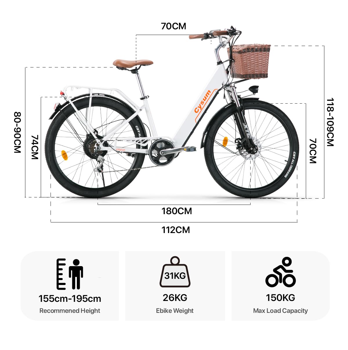 cysum cityrun bici elettrica donna, 26'' pedalata assistita Bicicletta Elettrica, City E-bike per adulti, 250W motore 25km/h, 36v 360WH batteria al litio, gamma 80KM, lcd dispaly