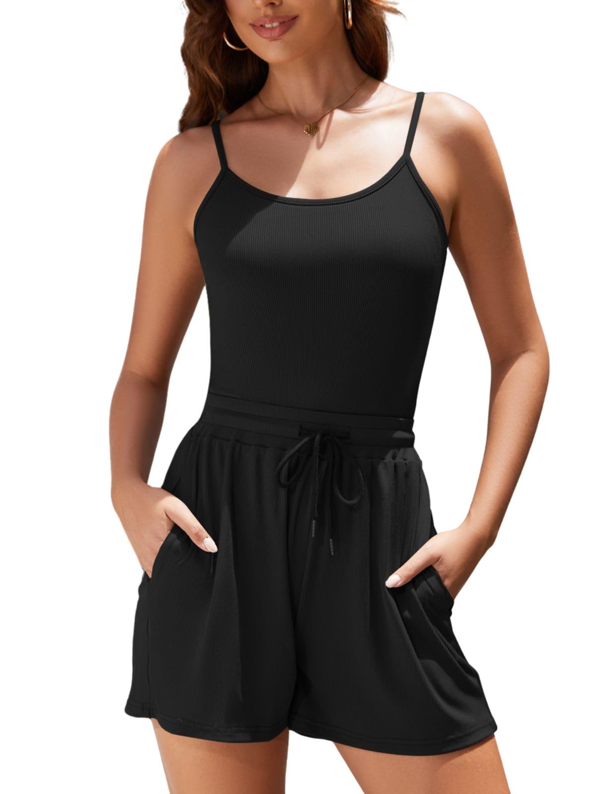 Rayson Completo da Donna Estivo 2 Pezzi Curvy Eleganti Tuta Completa Corta Donna con Spalline Sottili Body Tops e Pantaloncini Set per Running Yoga Sportivo