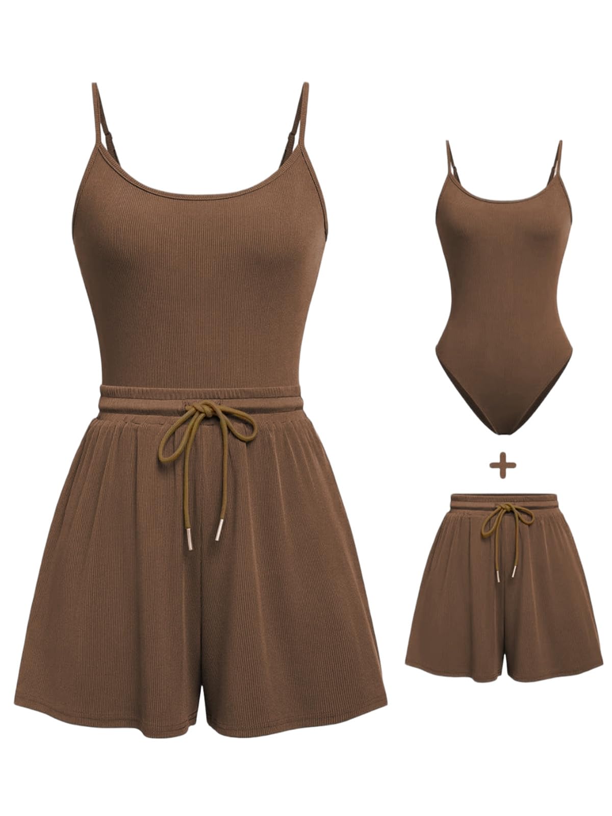 Rayson Completo da Donna Estivo 2 Pezzi Curvy Eleganti Tuta Completa Corta Donna con Spalline Sottili Body Tops e Pantaloncini Set per Running Yoga Sportivo