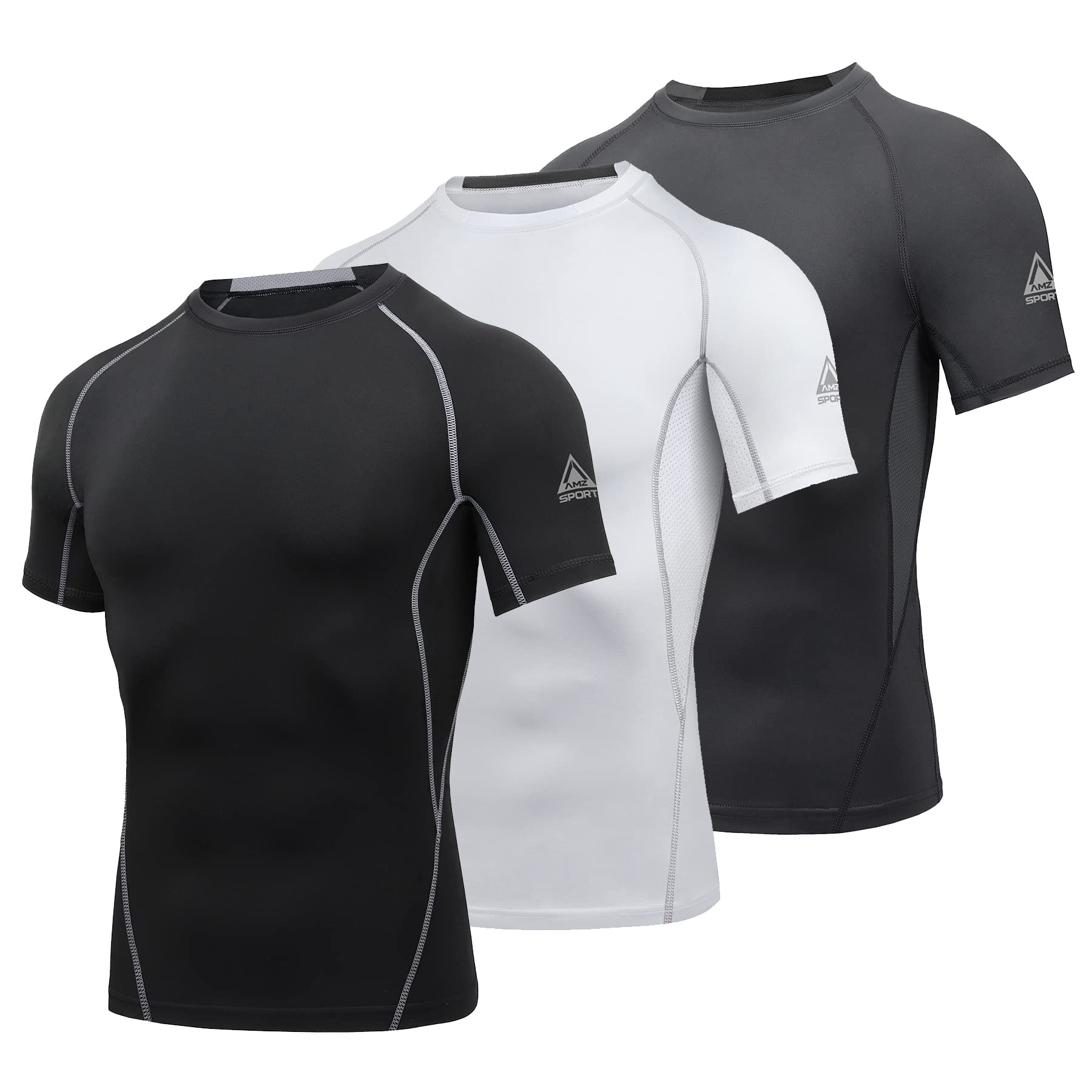 AMZSPORT Maglietta a Compressione da Uomo, a Maniche Corte, Funzionale, Cool Dry, per Allenamento e Corsa