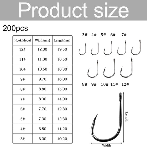 Ami da pesca con ardiglione da 200 pezzi, set di ami da pesca in acciaio al carbonio con occhi e custodia in plastica, adatti per la pesca in acqua dolce e salata