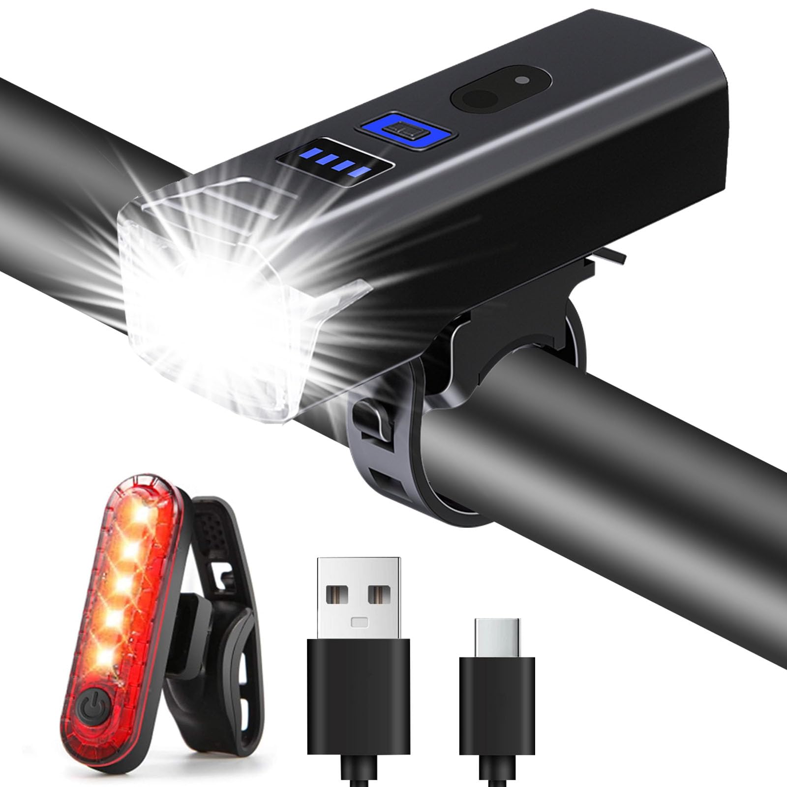Luci Bici Ricaricabili USB,Luci Bicicletta LED Potenti Super Luminoso 2000 Lumens Luce Bici Anteriore e Posteriore ，Impermeabile IPX5 Set di luci per Bicicletta per Strada e Montagna