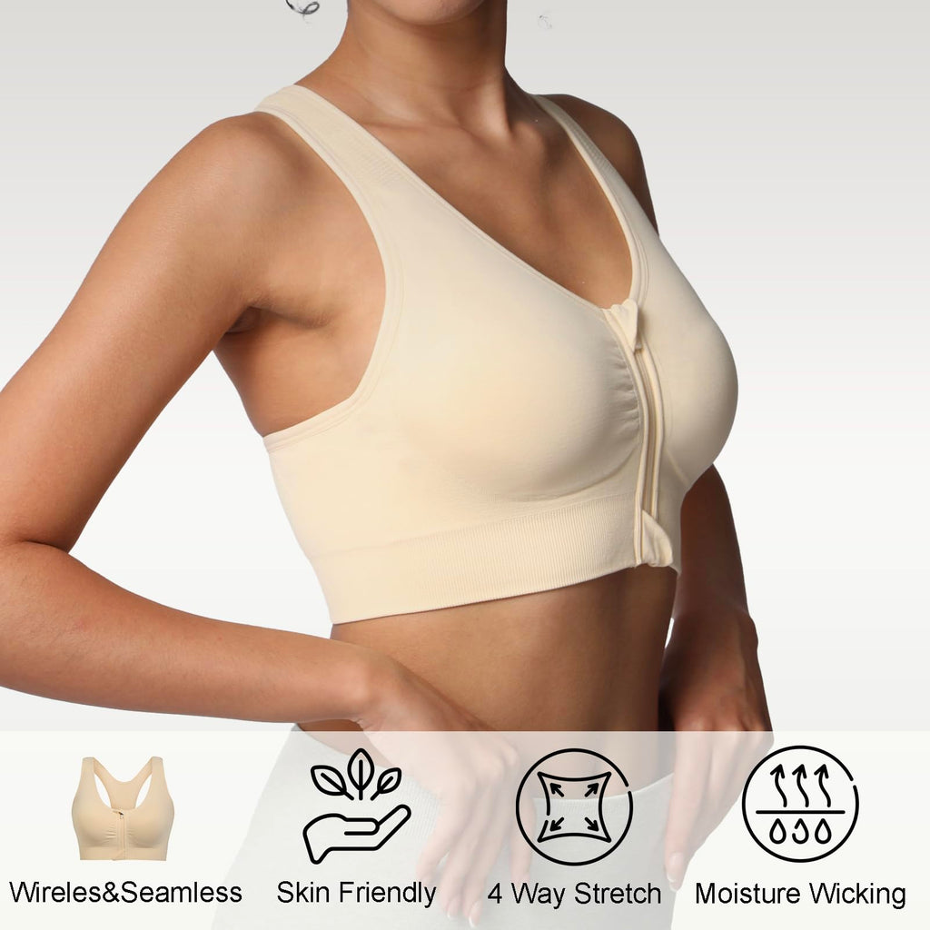 Lemef Soutiens-Gorge de Sport à Fermeture Éclair Avant pour Femmes Soutien-Gorge Post-Chirurgie sans Armature Fermeture Avant Dos Nageur Compression Mastectomie