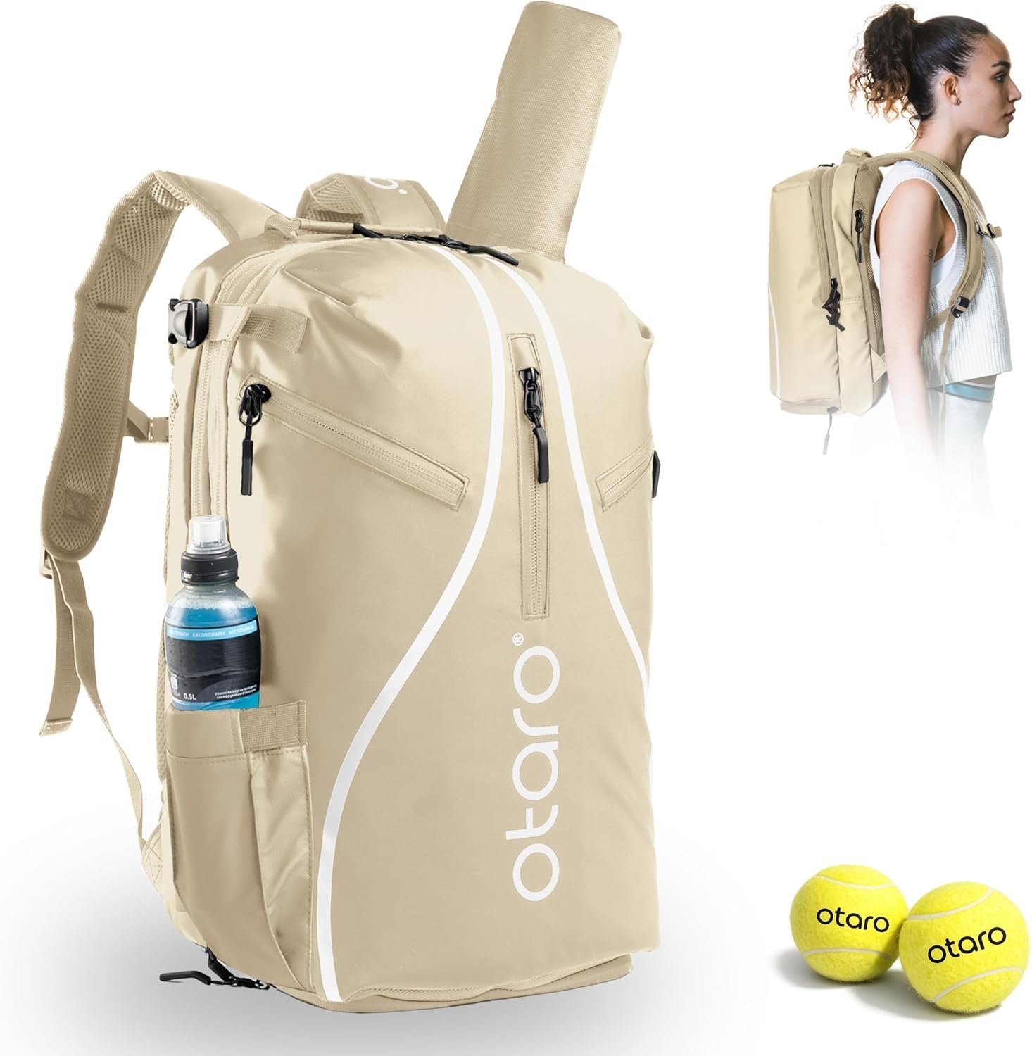 Otaro Zaino Tennis | Zaino con porta scarpe, scomparto per laptop e scomparto per 2 racchette | Zaino sportivo | Porta racchetta tennis | Borsa tennis con copertura antipioggia e sacca per biancheria