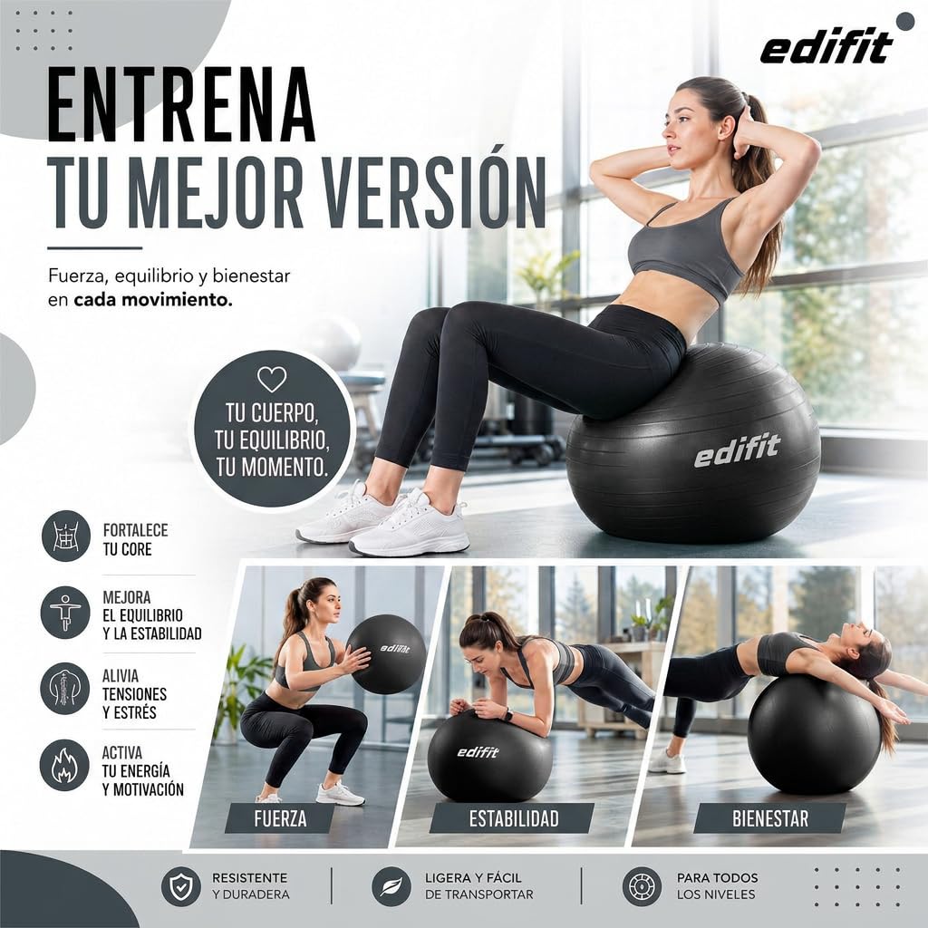 EDIFIT Palla Fitness, Pilates Attrezzi Casa, Incluso il Gonfiatore, Fitball, Yoga Accessori, Palla Gravidanza, Ginnastica Ritmica