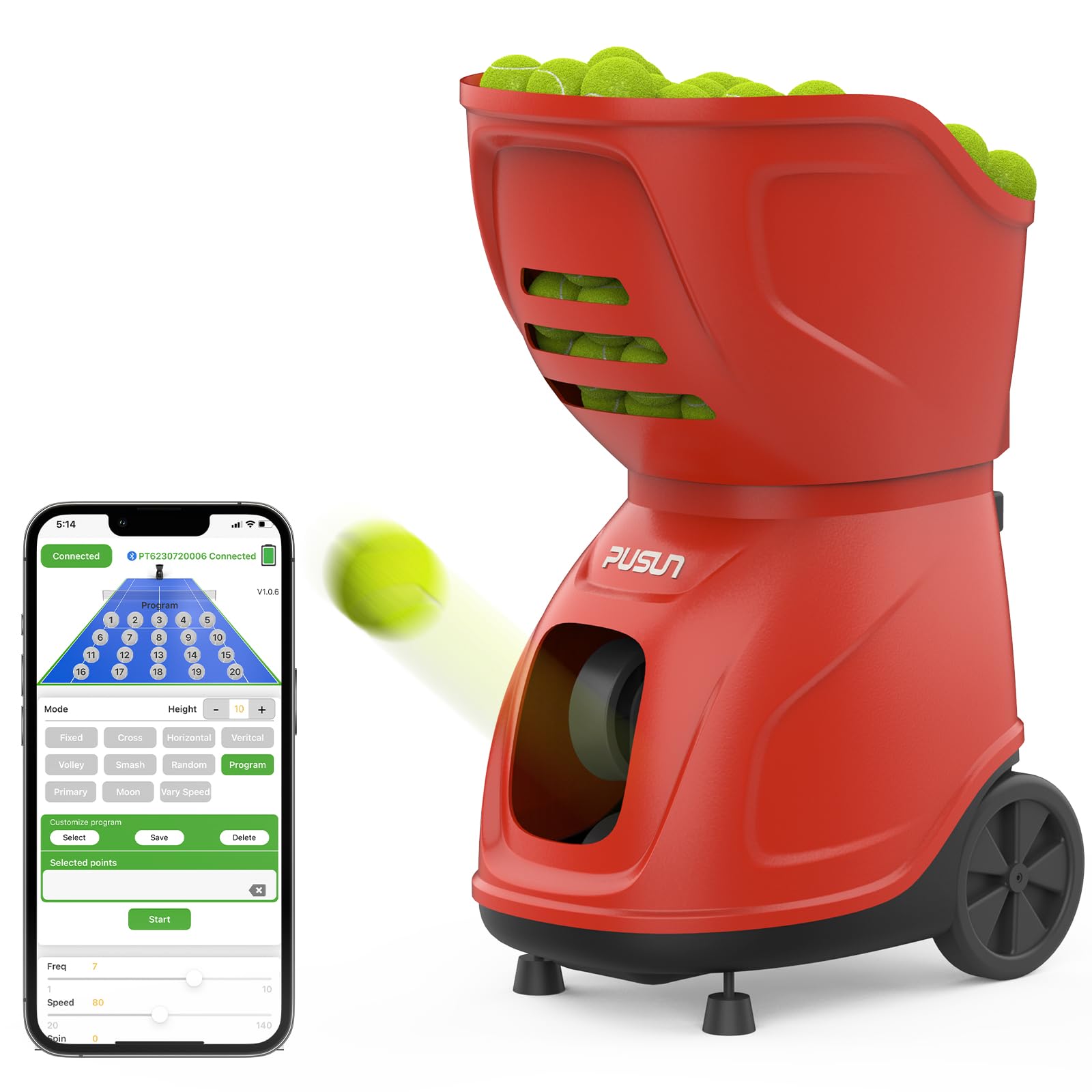 PT-9001 Pro - Machine à balles de tennis portable, automatique, pour l'entraînement et la pratique des joueurs de tous niveaux, préprogrammée et personnalisable, avec application/télécommande.