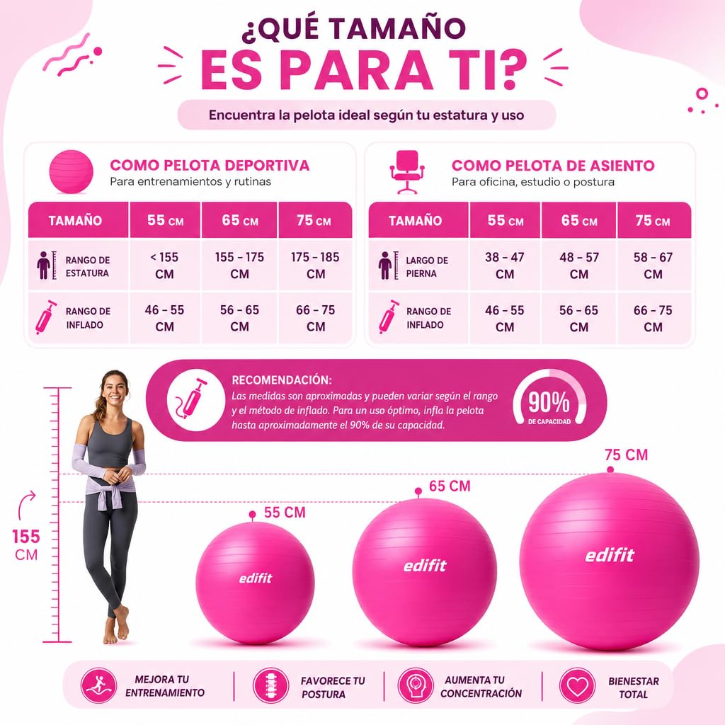 EDIFIT Palla Fitness, Pilates Attrezzi Casa, Incluso il Gonfiatore, Fitball, Yoga Accessori, Palla Gravidanza, Ginnastica Ritmica