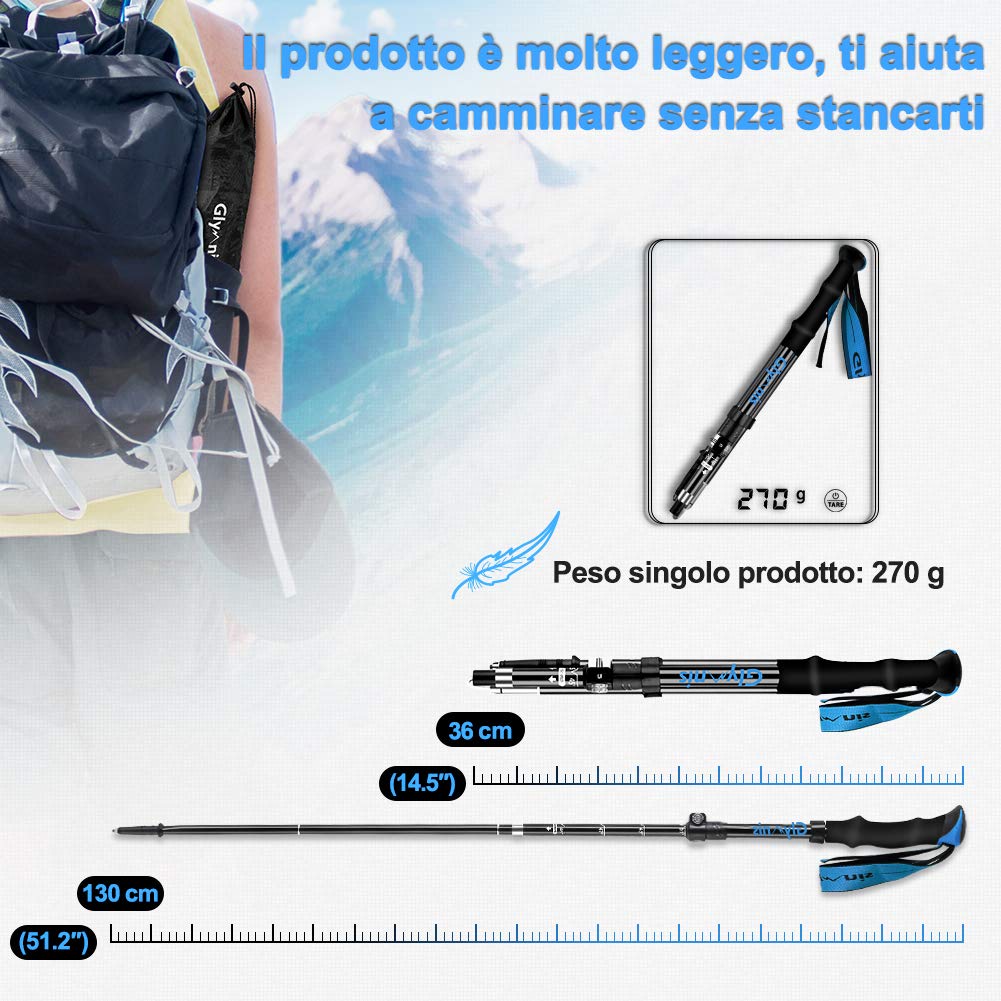Glymnis Bastoni Trekking Bastoncini da Trekking Pieghevoli e Antiurto 110-130cm 5 Sezioni in Alluminio 7075 Impugnatura in Eva Punta in Carburo di Tungsteno per Escursioni 1 Paio