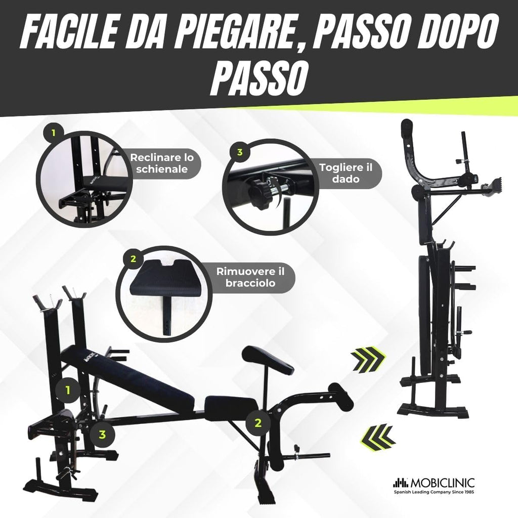 Mobiclinic® fitness, Banc de musculation multifonction, Pressfit, Réglable, Pliable, Acier, Supporte jusqu'à 250 kg, Support pour barres, Idéal pour les exercices de musculation à domicile