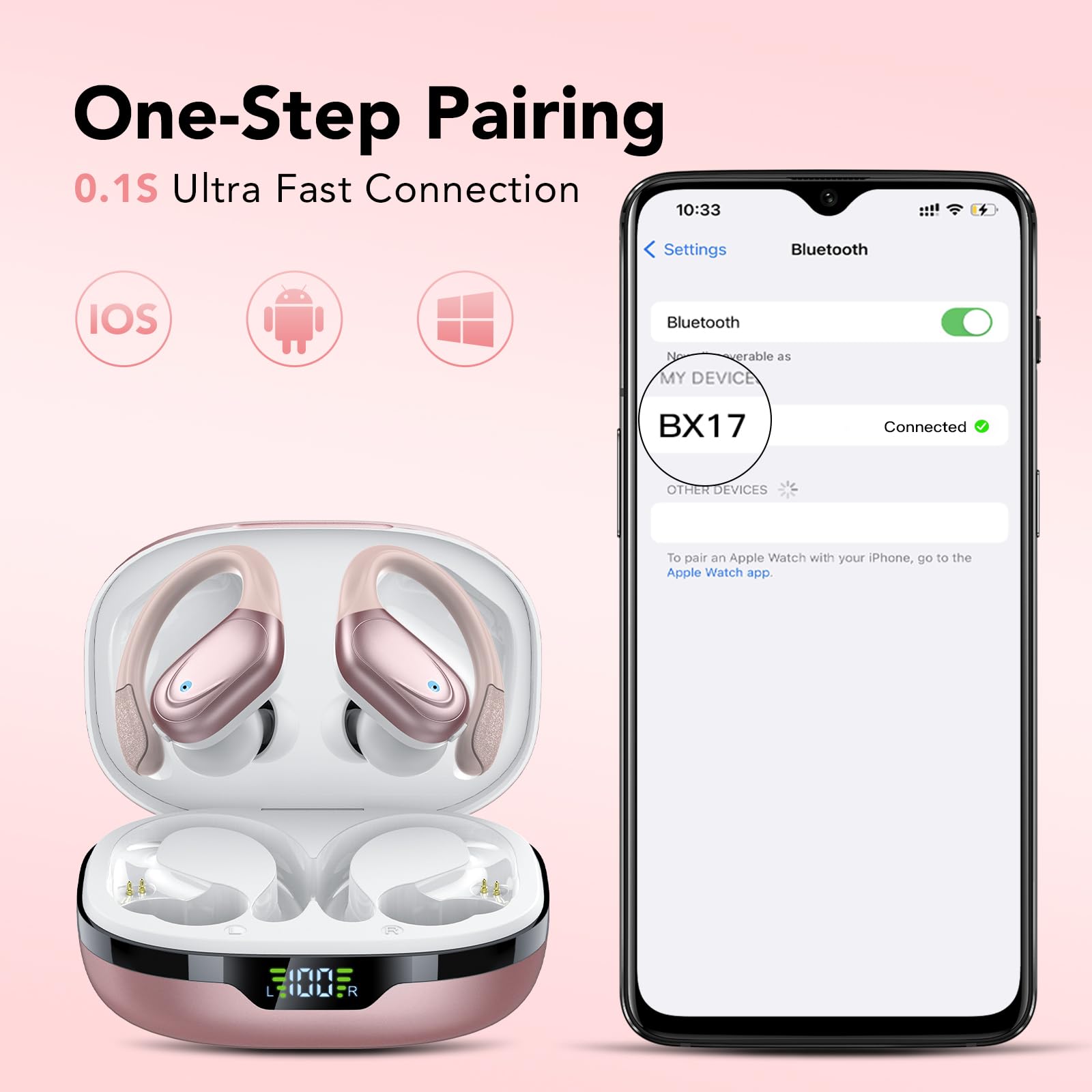 Cuffie Bluetooth, Sport Auricolari Bluetooth 5.3 con Gancio per Orecchio, 60H con Indicatore LED per Cassa di Ricarica, Chiamata ENC HD, Vestibilità Comoda, Basso Profondo, IPX7 Impermeabile(Nero).