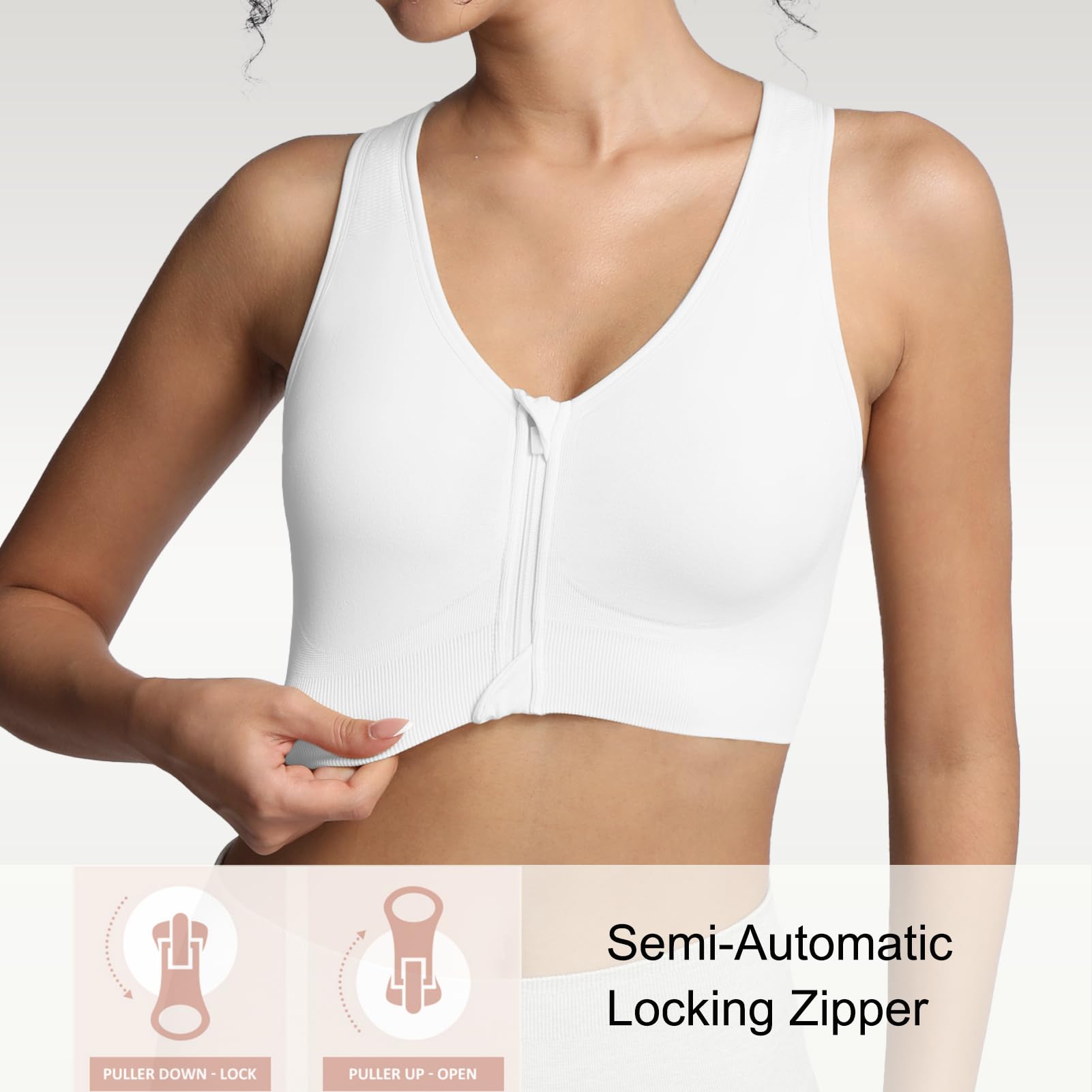 Lemef Soutiens-Gorge de Sport à Fermeture Éclair Avant pour Femmes Soutien-Gorge Post-Chirurgie sans Armature Fermeture Avant Dos Nageur Compression Mastectomie