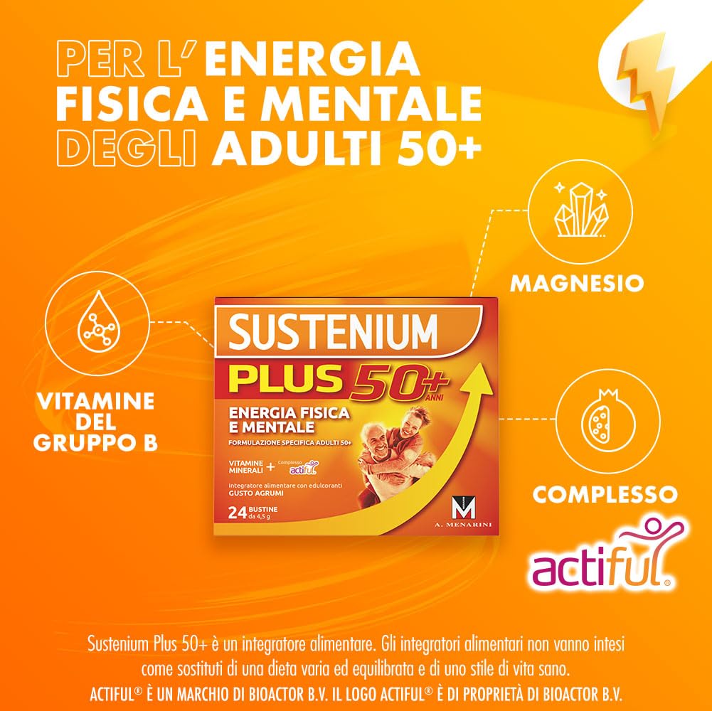 Sustenium Plus 50+ - Integratore energizzante adulti 50+ con complesso antiossidante ACTIFUL, vitamine e minerali. Per la tua energia fisica e mentale. Bipack 2 confezioni da 24 bustine