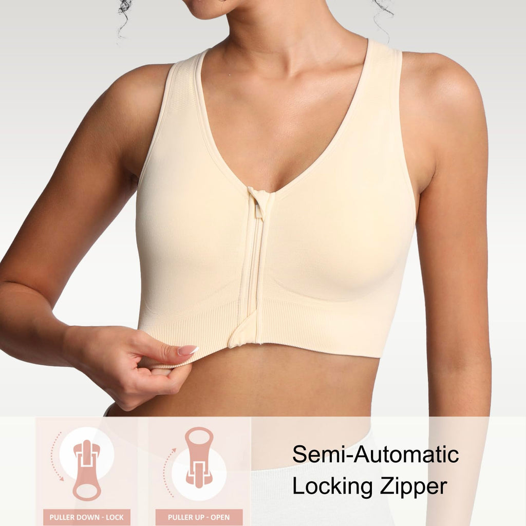 Lemef Soutiens-Gorge de Sport à Fermeture Éclair Avant pour Femmes Soutien-Gorge Post-Chirurgie sans Armature Fermeture Avant Dos Nageur Compression Mastectomie