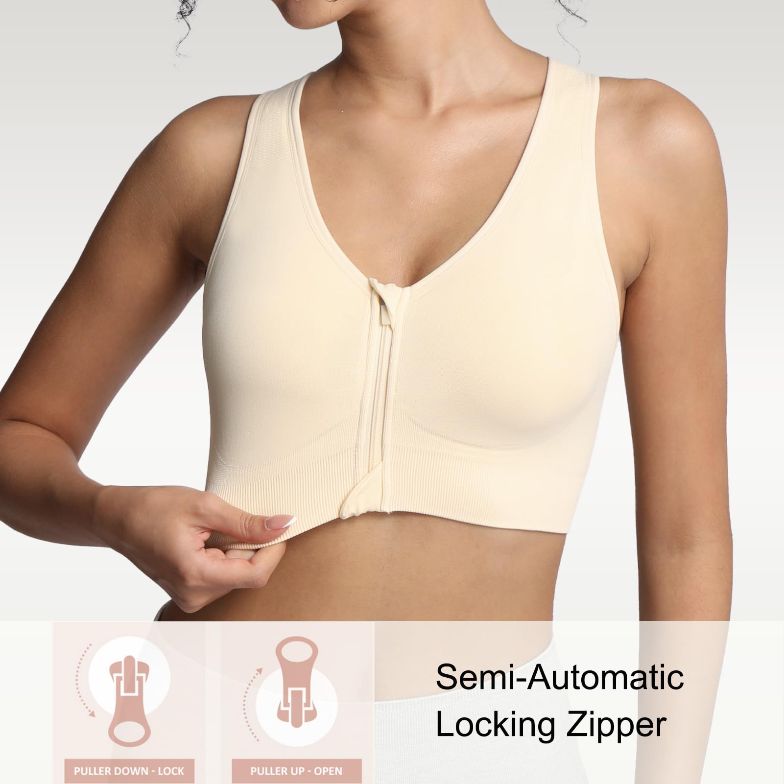 Lemef Soutiens-Gorge de Sport à Fermeture Éclair Avant pour Femmes Soutien-Gorge Post-Chirurgie sans Armature Fermeture Avant Dos Nageur Compression Mastectomie