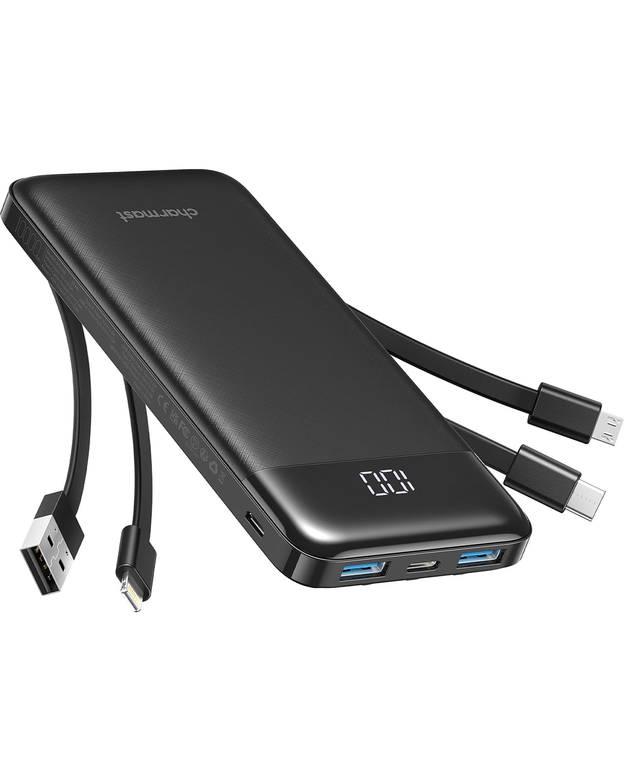 Charmast Power Bank 10000mAh con Cavi Integrati,Caricatore Portatile USB C 5V/3A Powerbank LED Display con 6 Uscite e 3 ingressi per iPhone Samsung Huawei Xiaomi