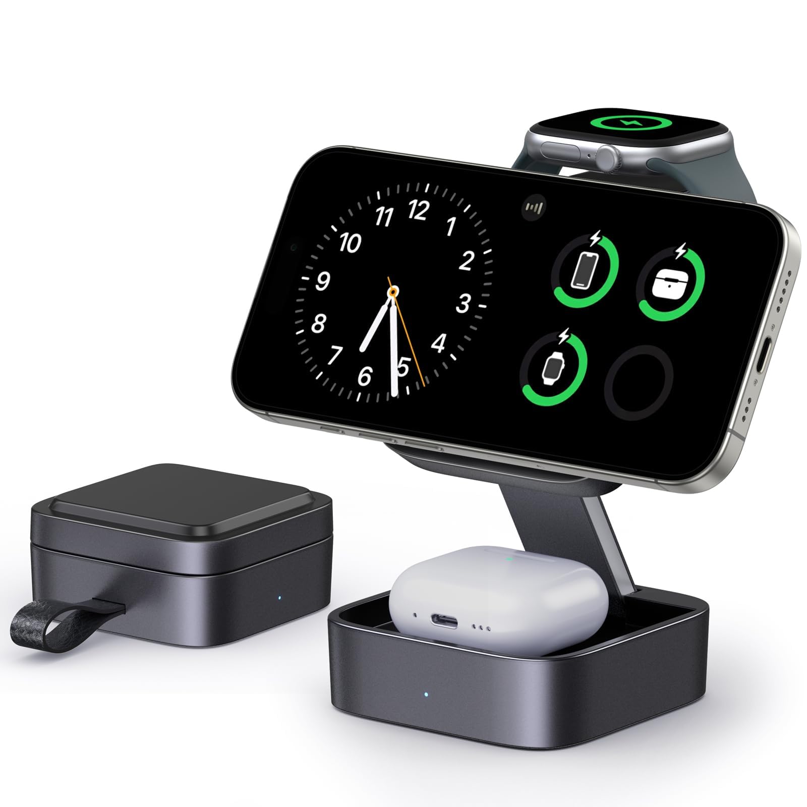 Stazione di ricarica 3 in 1 per Apple, caricabatterie da viaggio magnetico pieghevole veloce compatibile con Mag-Safe per iPhone 17e/17/16/15/14/13/12/Air, Apple Watch & AirPods Pro/4/3/2