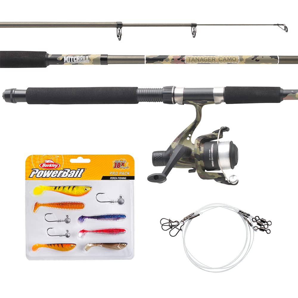 Mitchell Tanager Camouflage fishing set of a rod and reel combo with line and lures for fishing for trout and perch