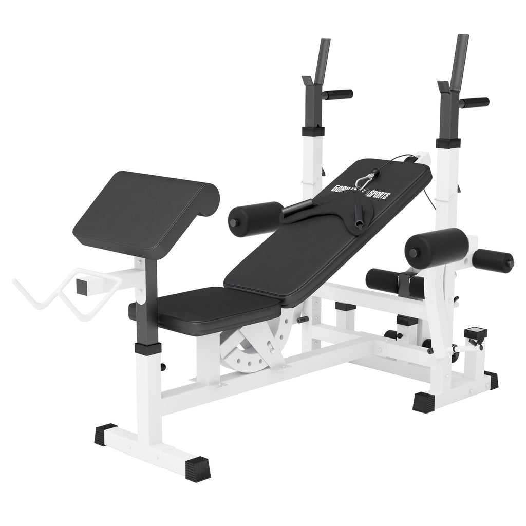 Gorilla Sports® Panca Multifunzione - Schienale Regolabile, Portabilanciere, Butterfly, Curl per Gambe, Nero/Bianco - Panca Pesi, Stazione Fitness
