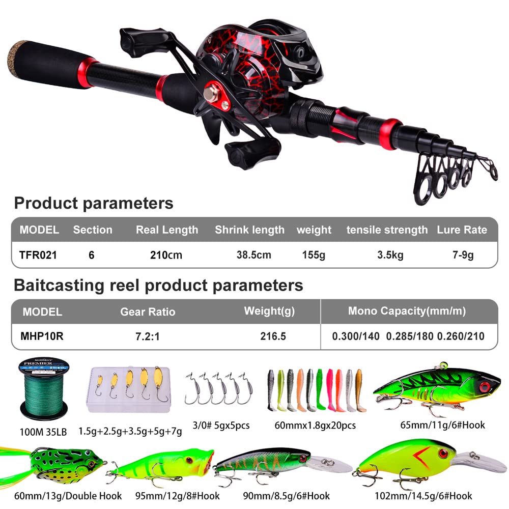 Canna da pesca e mulinello Combo, canna da pesca telescopica in fibra di carbonio da 2,1 m con mulinello da spinning/baitcasting, set di attrezzatura da pesca in acqua salata d'acqua dolce ghiaccio