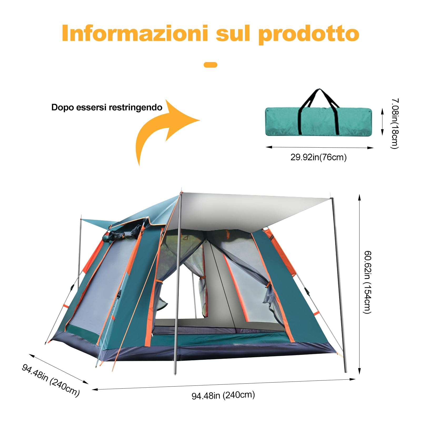 Ergocar Tenda Campeggio Pop Up 3-4 Persone Ultra-Leggero Tenda Impermeabile Antivento a Cupola Leggera con Veranda per Campeggio Escursioni Arrampicata