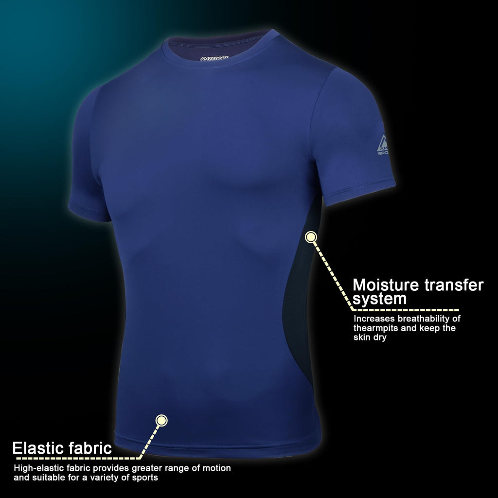 AMZSPORT Maglietta a Compressione da Uomo, a Maniche Corte, Funzionale, Cool Dry, per Allenamento e Corsa