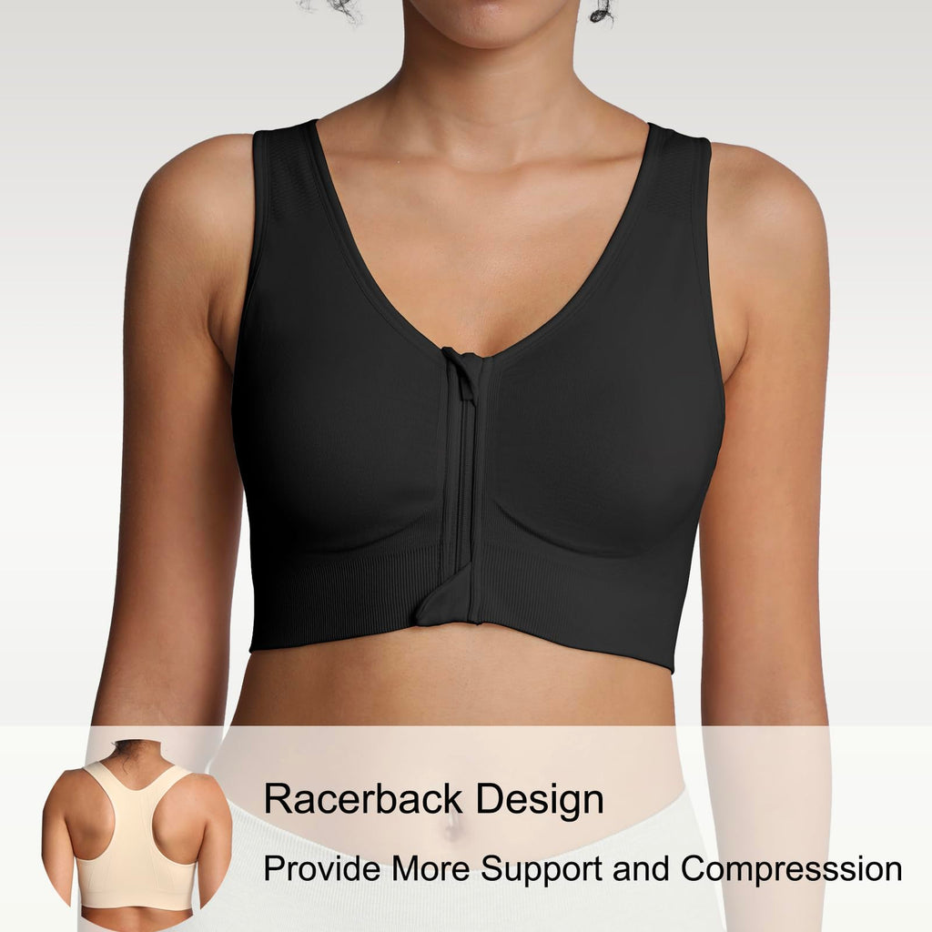Lemef Soutiens-Gorge de Sport à Fermeture Éclair Avant pour Femmes Soutien-Gorge Post-Chirurgie sans Armature Fermeture Avant Dos Nageur Compression Mastectomie