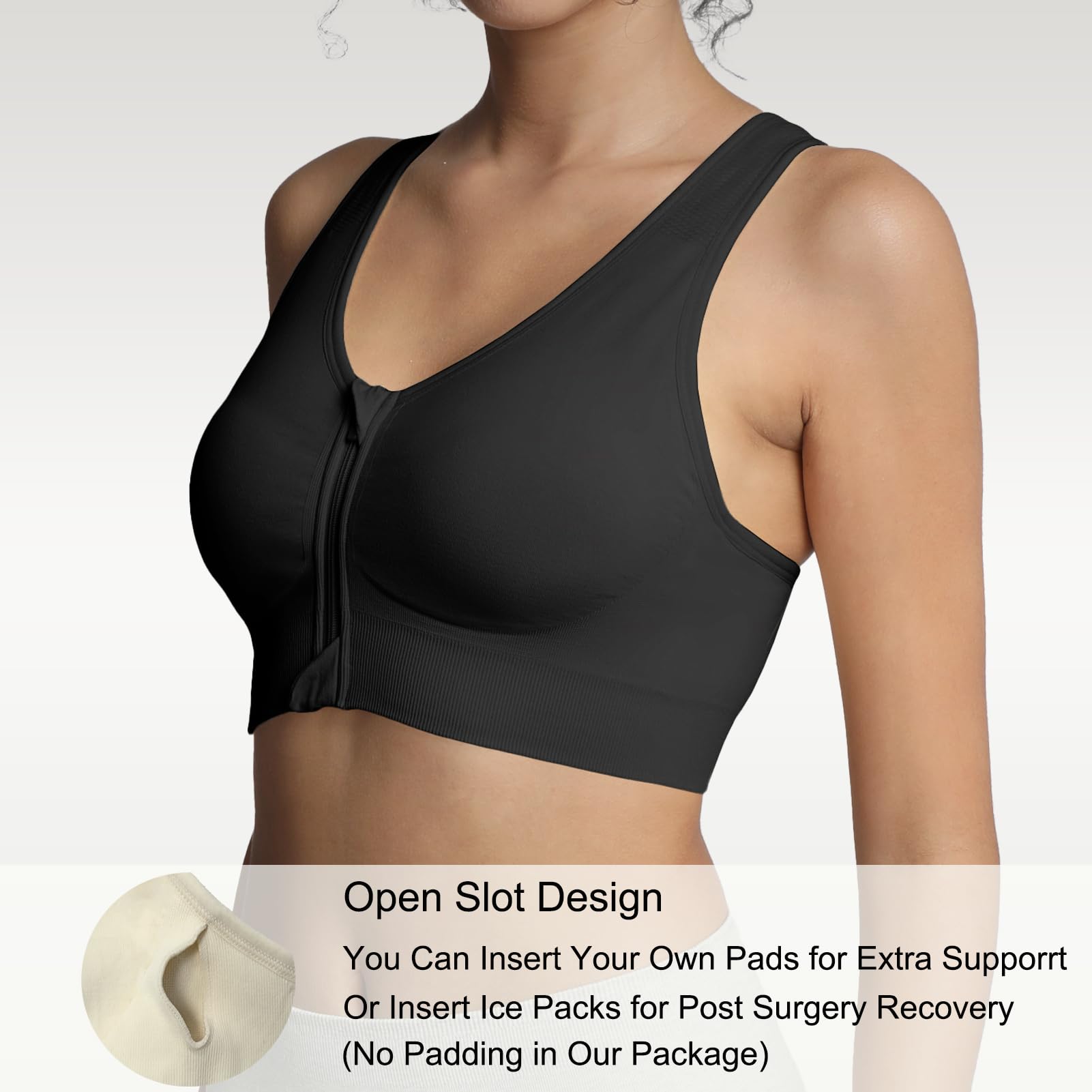 Lemef Soutiens-Gorge de Sport à Fermeture Éclair Avant pour Femmes Soutien-Gorge Post-Chirurgie sans Armature Fermeture Avant Dos Nageur Compression Mastectomie