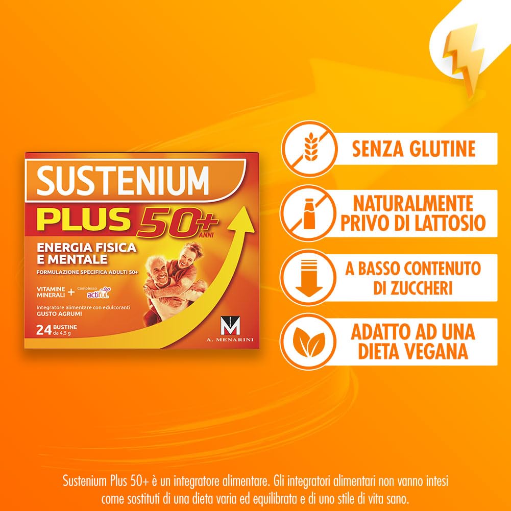 Sustenium Plus 50+ - Integratore energizzante adulti 50+ con complesso antiossidante ACTIFUL, vitamine e minerali. Per la tua energia fisica e mentale. Bipack 2 confezioni da 24 bustine