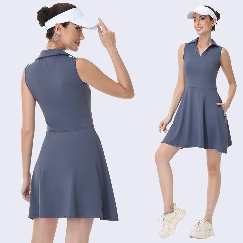 Bezioner Vestito Tennis Donna Vestito Polo con Pantaloncini Vita Alta Abiti da Golf con Tasche Senza Maniche Abito Sportivo