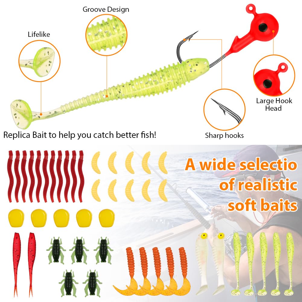 Vicloon Esche da Pesca, Esche Artificiali da Pesca Contiene Crankbaits, Stickbait, Vermi, Ganci Singolo, Pinze, ECC