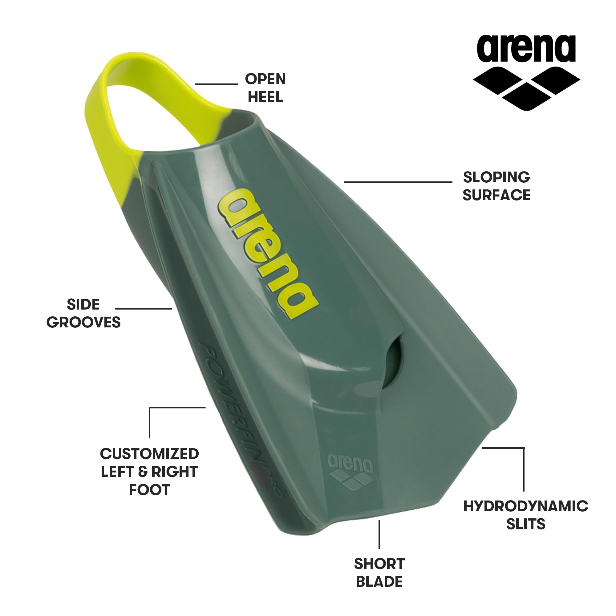 Arena Powerfin PRO II, Pinne Unisex per Adulti, in Silicone, a Lama Corta, Piede Destro/Sinistro Personalizzabile, Misure: 36,5-47,5