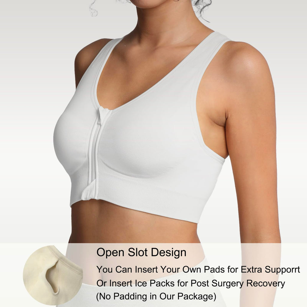 Lemef Soutiens-Gorge de Sport à Fermeture Éclair Avant pour Femmes Soutien-Gorge Post-Chirurgie sans Armature Fermeture Avant Dos Nageur Compression Mastectomie