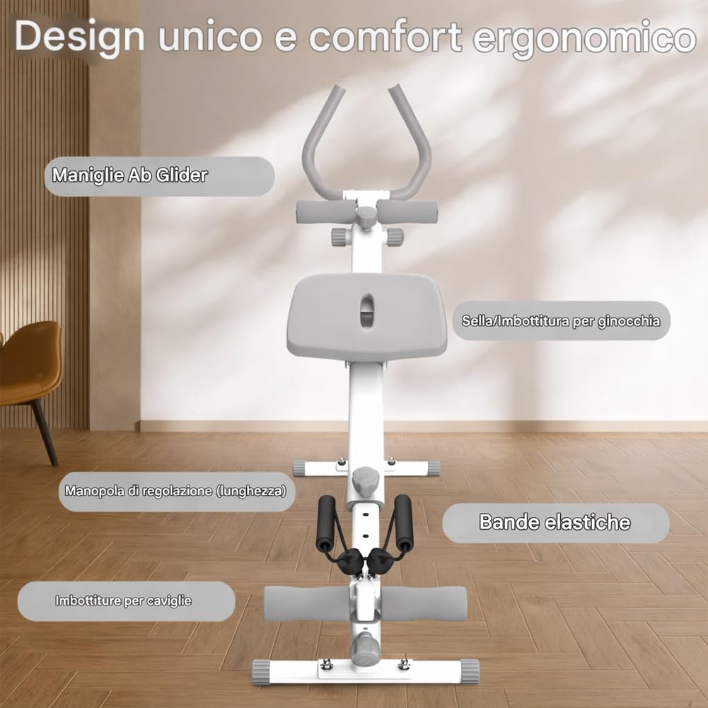 BAKAJI Ab Machine Attrezzatura per Fitness Multiuso Pieghevole con Chiusura Salvaspazio, Vogatore, Macchina per Addominali, Cruncher, Attrezzatura da Palestra in Casa per Home Gym