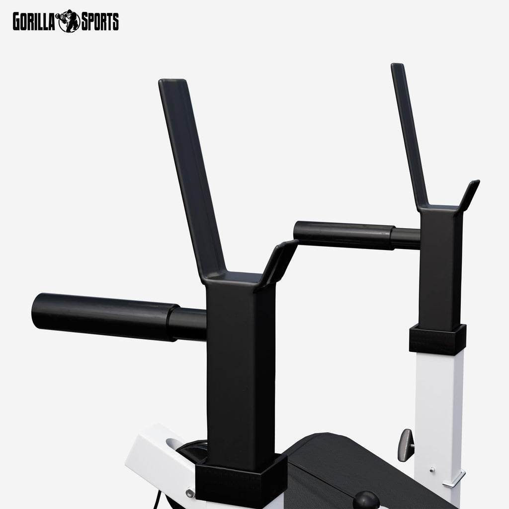 Gorilla Sports® Panca Multifunzione - Schienale Regolabile, Portabilanciere, Butterfly, Curl per Gambe, Nero/Bianco - Panca Pesi, Stazione Fitness