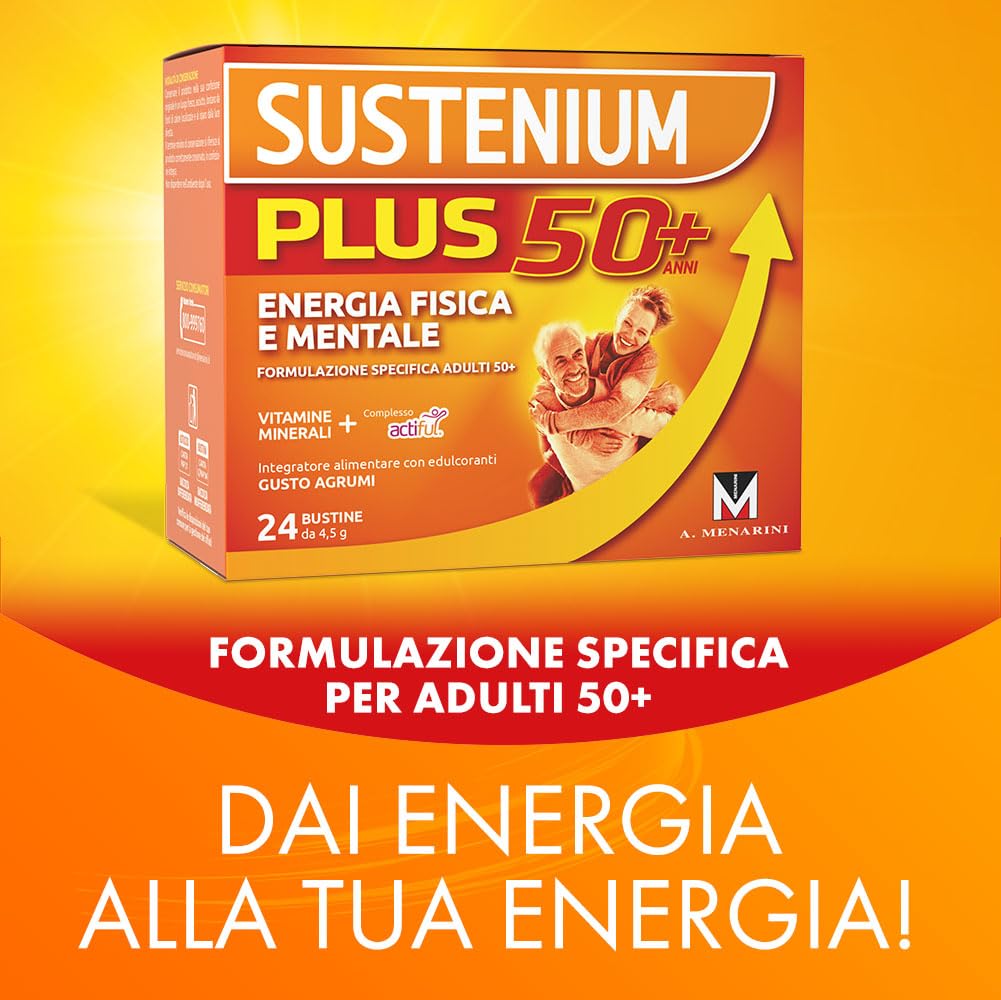 Sustenium Plus 50+ - Integratore energizzante adulti 50+ con complesso antiossidante ACTIFUL, vitamine e minerali. Per la tua energia fisica e mentale. Bipack 2 confezioni da 24 bustine