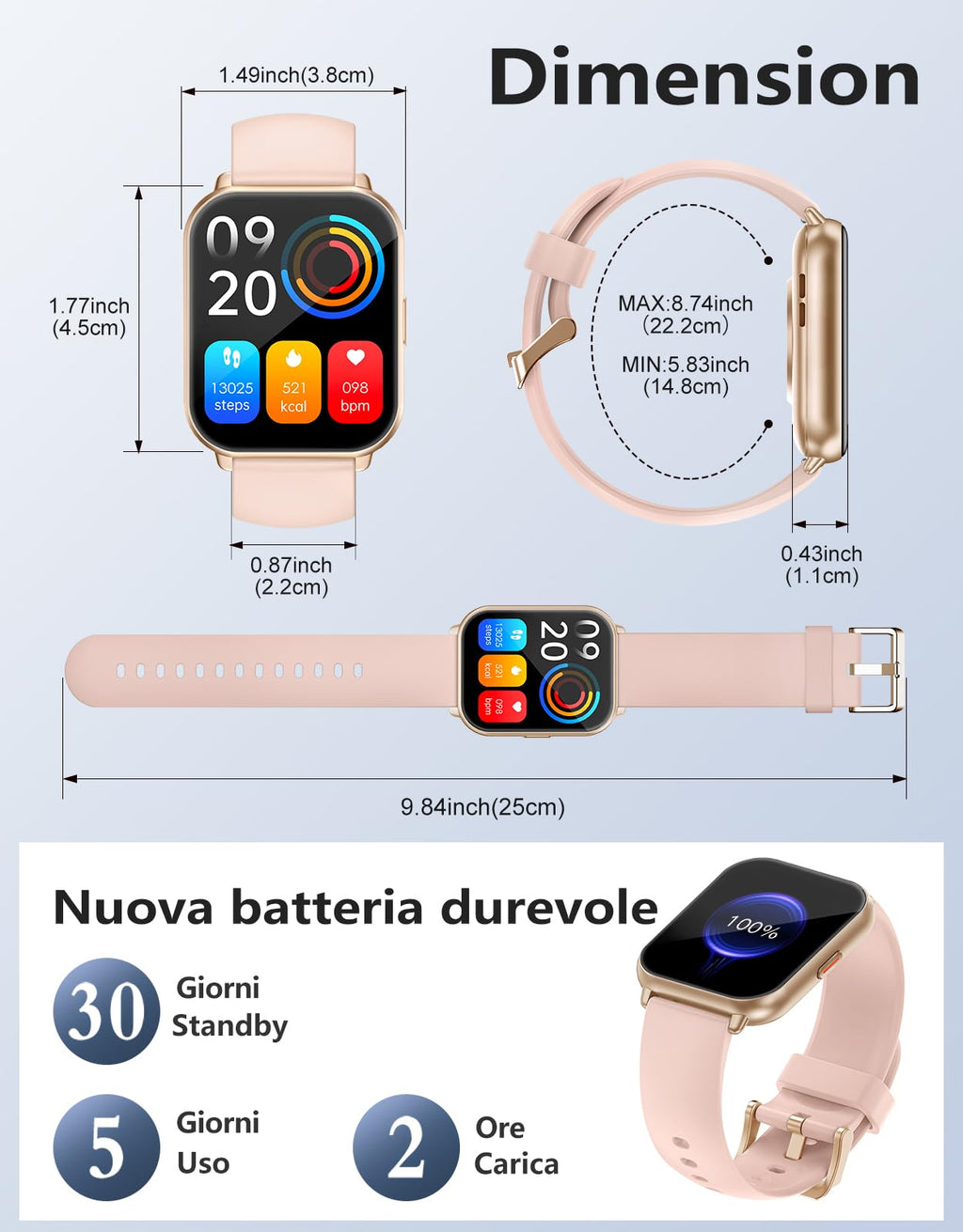 RUIMEN Smartwatch Donna Chiamate Bluetooth Musica Orologio Sportive Contapassi da Polso Cardiofrequenzimetro Saturazione Ossigeno Fitness Tracker Ciclo Mestruale Controllo Sonno per Android iOS Rosa