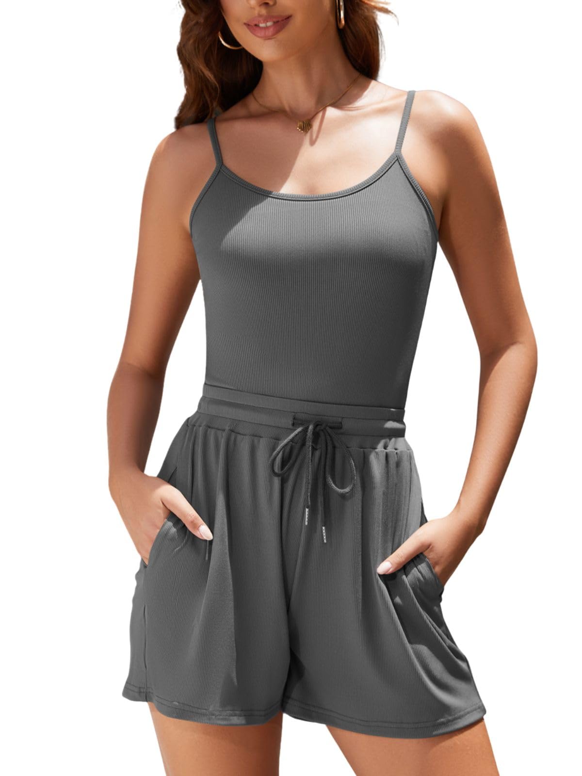 Rayson Completo da Donna Estivo 2 Pezzi Curvy Eleganti Tuta Completa Corta Donna con Spalline Sottili Body Tops e Pantaloncini Set per Running Yoga Sportivo