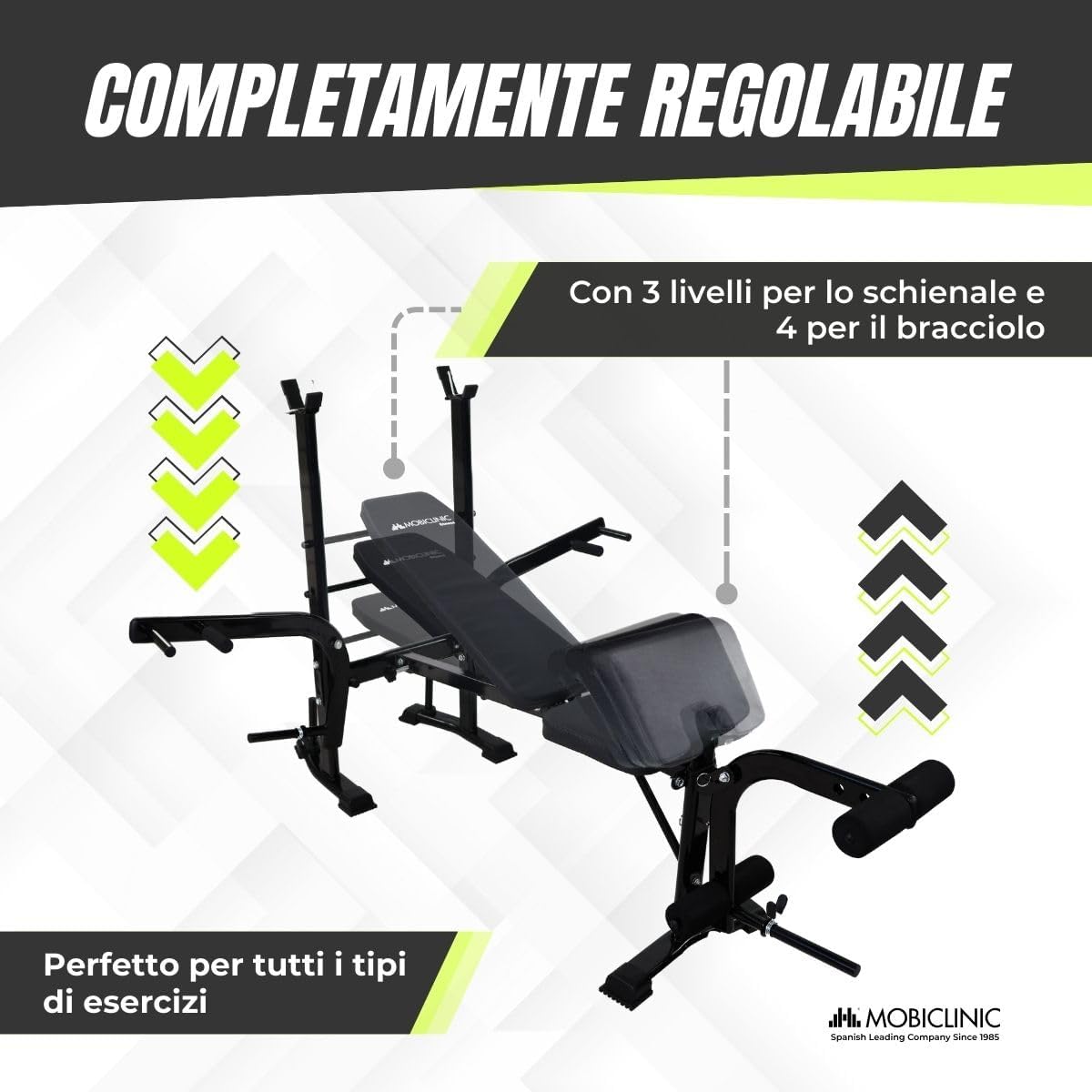 Mobiclinic® fitness, Panca palestra multifunzione, Pressfit, Regolabile, Pieghevole, Acciaio, Supporta fino a 250 kg, Supporto per barre, Ideale esercizi di forza casa