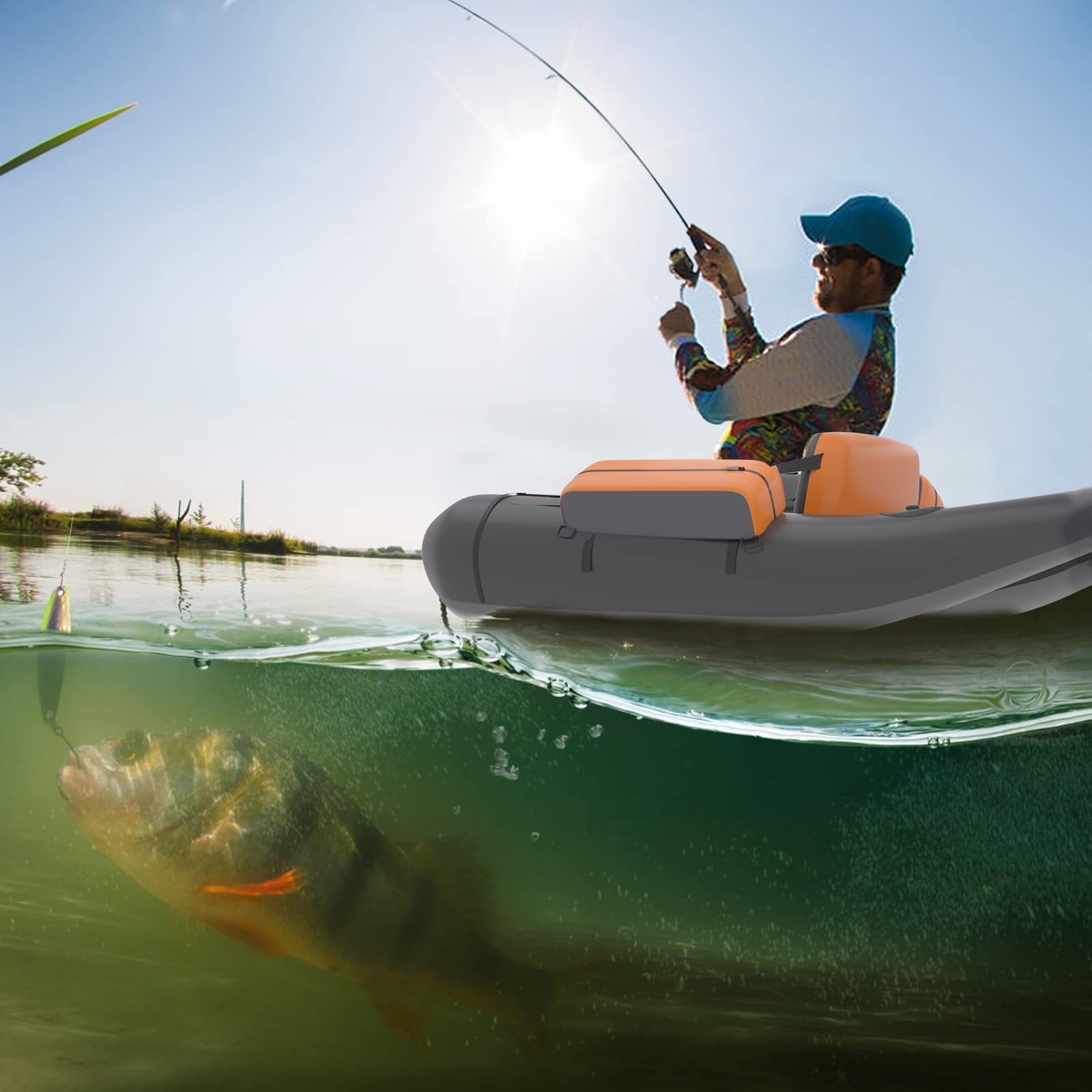HOMASIS Gommone da Pesca per Adulti, Gommone Gonfiabile con Pinne in PP e Pagaia in Alluminio, Canotto da Pesca con Attrezzatura Completa, Portata 160 kg, 136 x 105 x 54 cm